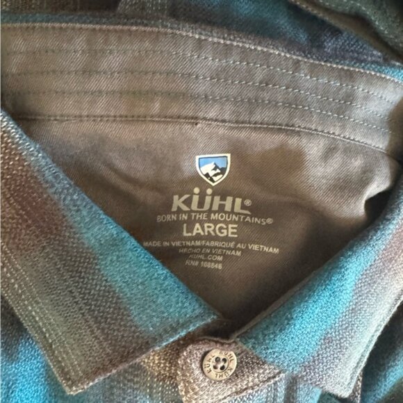 NWT! Men’s Kuhl teal & gray plaid flannel button down collared shirt Large - Picture 4 of 6
